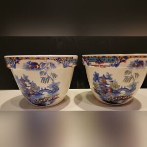 Antique English Porcelain Bowls Blue Pagoda & Asian Landscape Transferware (2)